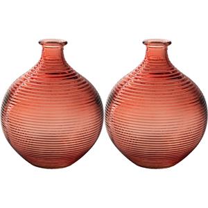 Jodeco Bloemenvaas/flesvaas - 2x - oranje/terra - bolvorm met ribbel - D16 x H20 cm -