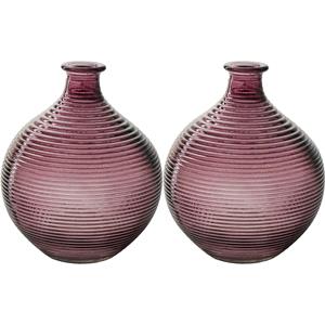 Jodeco Bloemenvaas/flesvaas - 2x - paars - bolvorm met ribbel - D16 x H20 cm -