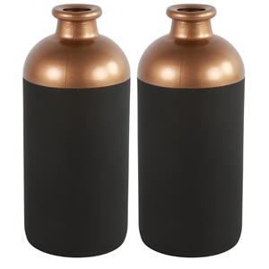Countryfield Bloemen/deco vaas - 2x - zwart/koper - glas - luxe fles vorm - D11 x H25 cm -