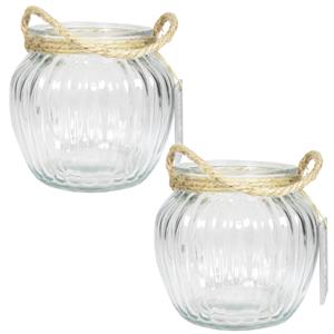 Bela Arte Set van 3x stuks glazen ronde windlichten Ribbel 2 liter met touw hengsel/handvat 15 x 14,5 cm -