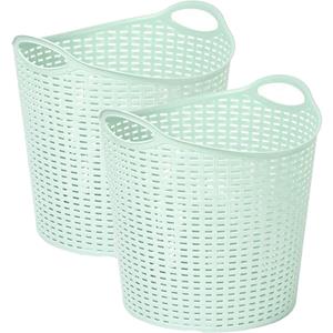 PlasticForte Gevlochten wasmand/opbergmand - 2x - flexibel - lichtgroen - 27 liter - rond - kunststof -