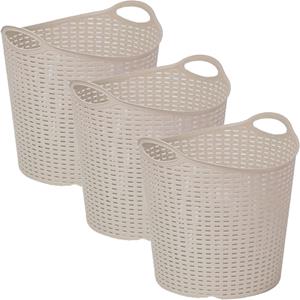 PlasticForte Gevlochten wasmand/opbergmand - 3x - flexibel - beige - 27 liter - rond - kunststof -