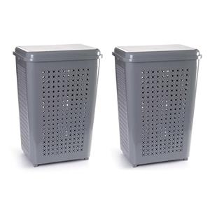 Forte Plastics 2x stuks grote wasmand met deksel van 50 liter in het grijs -