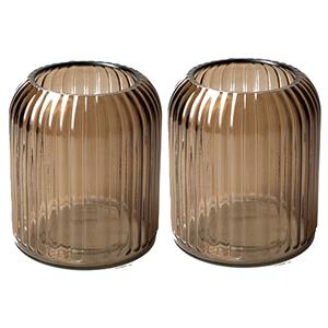 Jodeco Set van 2x stuks bloemenvaas - striped lichtbruin/transparant glas - H13 x D11 cm -