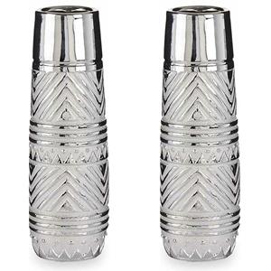 Giftdecor Bloemenvazen 2x stuks - zilver met modern luxe motief - 10 x 30 cm - keramiek -