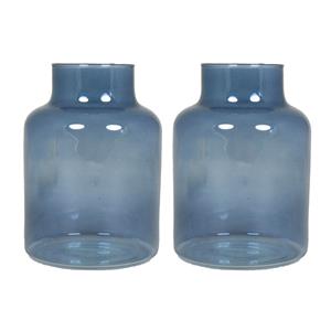 Floran Set van 2x bloemenvazen - blauw/transparant glas - H20 x D15 cm -