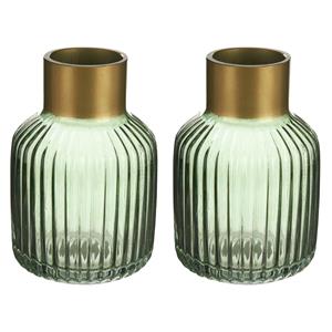 Giftdecor Bloemenvazen 2x stuks - luxe decoratie glas - groen/goud - 12 x 18 cm -