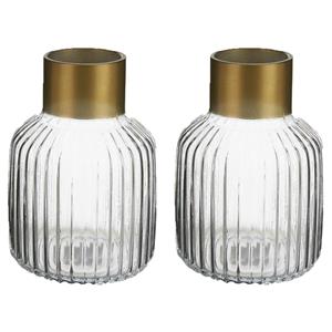 Giftdecor Bloemenvazen 2x stuks - luxe decoratie glas - transparant/goud - 12 x 18 cm -