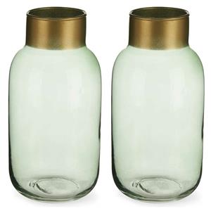 Giftdecor Bloemenvazen 2x stuks - luxe decoratie glas - groen/goud - 12 x 24 cm -