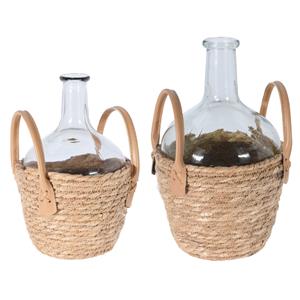 Bellatio Set van 2x flesvazen glas transparant met gevlochten rieten mand 27 en 31 cm -