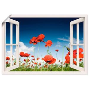 Artland Artprint Blik uit het venster veld met klaprozen als artprint op linnen, muursticker of poster in verschillende maten