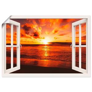 Artland Artprint Blik uit het venster zonsondergang aan het strand als artprint op linnen, muursticker of poster in verschillende maten