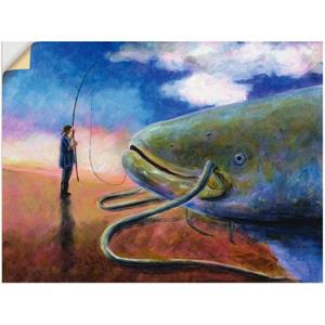 Artland Artprint Een dikke vis op de oever trekken als artprint op linnen, muursticker of poster in verschillende maten