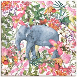 Artland Artprint Olifant in bloemen jungle als artprint van aluminium, artprint op linnen, muursticker of poster in verschillende maten