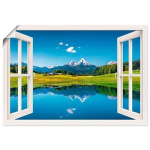 Artland Artprint Blik uit het venster Alpen en bergmeer als artprint van aluminium, artprint op linnen, muursticker of poster in verschillende maten