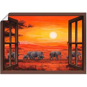 Artland Artprint Blik uit het venster - olifantenkudde als artprint op linnen, muursticker of poster in verschillende maten