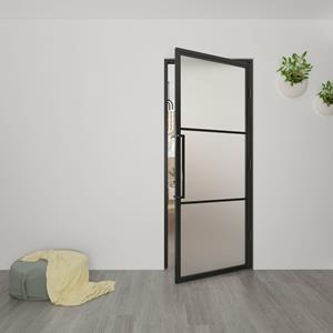 Loftdeur Stalen Deur -  231.5x93 Rechtsdraaiend Mat Glas - Zwart - Incl. Kozijn