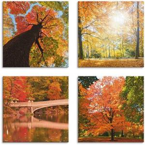 Artland Artprint op linnen Herfst bos panorama set van 4, verschillende maten (4 stuks)