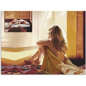 Artland Artprint Blond meisje zit op het bed als artprint van aluminium, artprint op linnen, muursticker of poster in verschillende maten