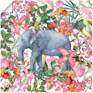 Artland Artprint Olifant in bloemen jungle als artprint van aluminium, artprint op linnen, muursticker of poster in verschillende maten