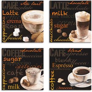 Artland Artprint op linnen Cappuccino macchiato coffee espresso set van 4, verschillende maten (4 stuks)