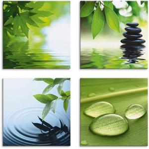 Artland Artprint op linnen Blaadjes water zen steenpiramide druppel set van 4, verschillende maten (4 stuks)