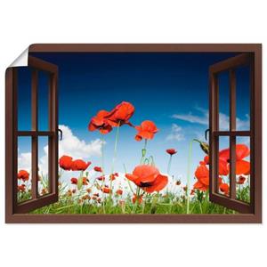 Artland Artprint Blik uit het venster veld met klaprozen als artprint op linnen, muursticker of poster in verschillende maten