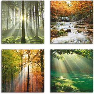Artland Artprint op linnen Bos waterval herfstdag set van 4, verschillende maten (4 stuks)