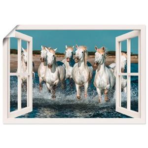 Artland Artprint Blik uit het venster paarden op het strand als artprint van aluminium, artprint op linnen, muursticker of poster in verschillende maten