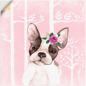 Artland Artprint Mopshond met bloemen in pink bos als artprint van aluminium, artprint op linnen, muursticker of poster in verschillende maten