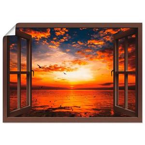 Artland Artprint Blik uit het venster zonsondergang aan het strand als artprint op linnen, muursticker of poster in verschillende maten