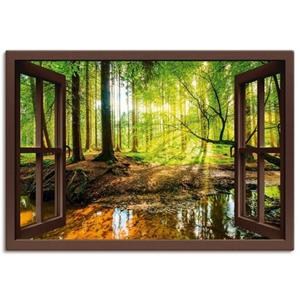 Artland Artprint Blik uit het venster - bos met beek als artprint op linnen, muursticker of poster in verschillende maten