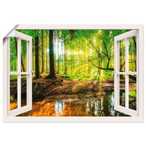 Artland Artprint Blik uit het venster - bos met beek als artprint op linnen, muursticker of poster in verschillende maten