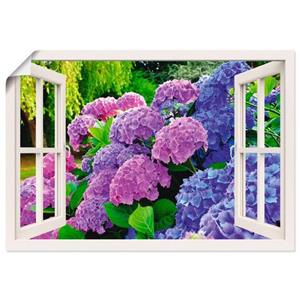 Artland Artprint Blik uit het venster hortensia's in de tuin als artprint van aluminium, artprint op linnen, muursticker of poster in verschillende maten