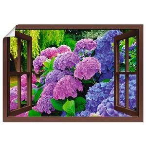 Artland Artprint Blik uit het venster - hortensia's in de tuin als artprint van aluminium, artprint op linnen, muursticker of poster in verschillende maten