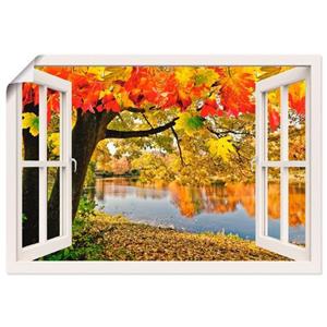 Artland Artprint Blik uit het venster herfstdag aan een meer als artprint van aluminium, artprint op linnen, muursticker of poster in verschillende maten