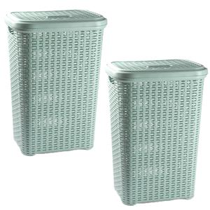 Forte Plastics 2x stuks grote rotan wasmand met deksel van 60 liter in het lichtgroen -