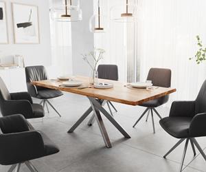 DELIFE Esstisch Edge 200x100 Akazie Natur Kreuzgestell Rechteck Edelstahl Live-Edge