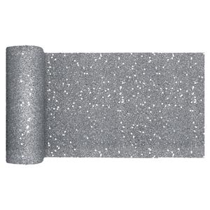 Santex Kerst thema tafelloper op rol - zilver glitter - smal 18 x 500 cm - polyester -