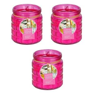 3x stuks citronella kaarsen in glazen pot 12 cm fuchsia roze -