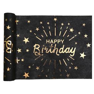 Santex Tafelloper op rol - 2x - Happy birthday tekst - zwart/goud - 30 x 500 cm - polyester -