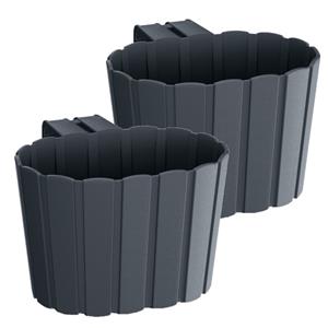Prosperplast Set van 2x stuks kunststof balkon plantenpotten/bloempotten met haak antraciet grijs 19 cm -