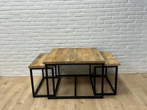 Industrielemeubelshop Salontafel set van 3 Roza Mangohout naturel vierkant