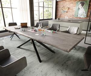 DELIFE Esstisch Edge 300x100 XL Akazie Platin Kreuzgestell Rechteck Schwarz Live-Edge