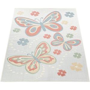 Paco Home Kinderteppich "Tweet 466", rechteckig, Flachgewebe, Hoch-Tief-Effekt, Motiv Schmetterlinge, Outdoor geeignet