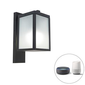 QAZQA Smart buiten wandlantaarn zwart met ribbel glas incl. Wifi A60 - Charlois