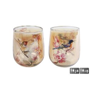 Massamarkt Theelichthouder Met Afbeelding Vogels Amber Glas 8x8x10cm