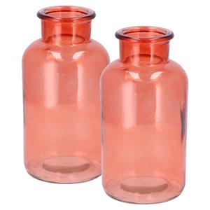 DK Design Bloemenvaas melkbus fles model - 2x - helder gekleurd glas - koraalroze - D10 x H20 cm -