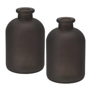 DK Design Bloemenvaas fles model - 2x - helder gekleurd glas - mat zwart - D11 x H17 cm -