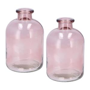DK Design Bloemenvaas fles model - 2x - helder gekleurd glas - zacht roze - D11 x H17 cm -